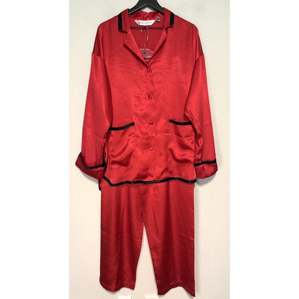 Vintage 90s Victoria’s Secret Satin Pajama Set Sz L Red Black Shirt Pants Y2K